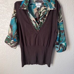 Teal& Brown Floral knit layered M Blouse silk blend academia workwear intern